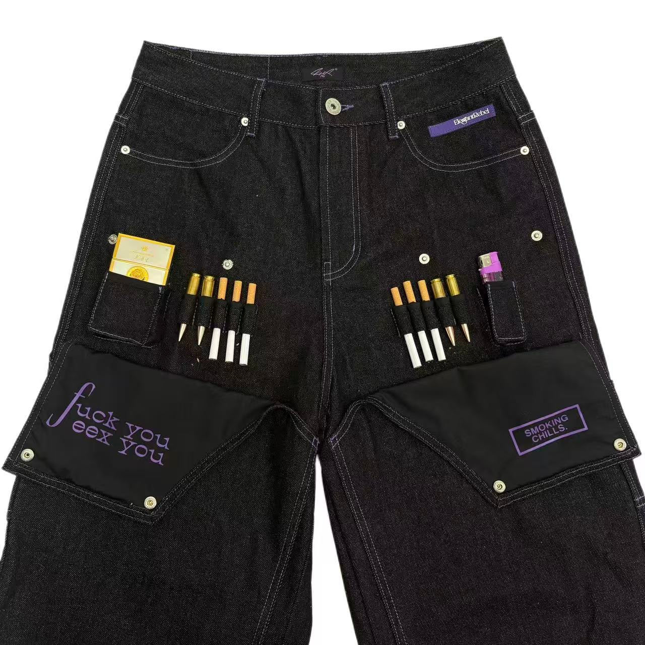 "SMOKING CHILLS" Raw Denim Jeans (Black)